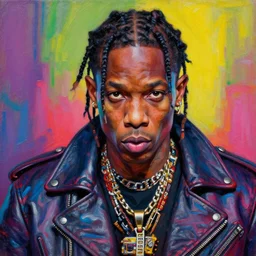 detailed portrait of travis scott as an apocalyptic scifi orcish biker character posing for a professional photo, psychedelic vibrant colors, punk rock fashion, oil painting by michael whelan art, perfect face, sharp focus, detailed eyes, realistic, leather jacket, 8 k