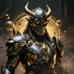 a dark sci fi close up portrait of a demon emperor wearing futuristic sci fi armor made of metal plates surrounded by floating spheres, cinematic lighting, smooth, high detail, dark fantasy, unreal engine, octane render, by vitaly bulgarov artstation, golden rule, sense of action, fog volumes, vivid color glow, post processing, cgsociety