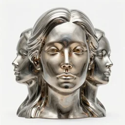 3 d sculpture made of liquid metal by zaha hadid enveloping a realistic female face, white background