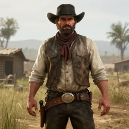 film still of the main character brawny burly surly cowboy standing in the outdoor scene in an action movie posing for the camera 2 0 2 0, 4 k wild west red dead redemption 2 game screenshot