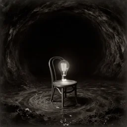 chair under an edison bulb in empty black space, daguerrotype, surreal, sepia, high contrast, sunken in black water, dark infinite cave, void, black hole