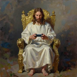 oil paint on canvas, caricature of jesus playing a video game on the throne