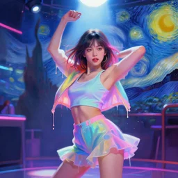 portrait of a beautiful girl dancing, futuristic night club, neon clothes, pastel colors, beautiful face, rule of thirds, spotlight, drips of paint, expressive, passionate, by mandy jurgens, by vincent van gogh, digital painting