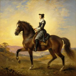 a 1 8 th painting of a giovanna d'arco while is riding a horse, wide shot, sunsest golden hour