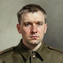 a soviet man portrait, frontal view, artistation render, 33mm film