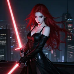 beautiful elegant female sith wearing black with dark red highlights, smooth porcelain white skin, long flowing red hair, holding red lightsaber, overlooking city from tall building, ultra detailed, digital art, trending on artstation, hypermaximalist, ray traced lighting, batwoman elegy by jh williams iii, shadowy, moody, gothic, horror, nighttime