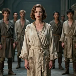 young lauren bacall as a young mad mother in a tattered bathrobe : costume design concept for a scifi film. by greg rutkowski, john j. park, jason chan, noah bradley, feng zhu, gintas galvanauskas. sharp focus, cinematic atmosphere, detailed and intricate, perfect anatomy