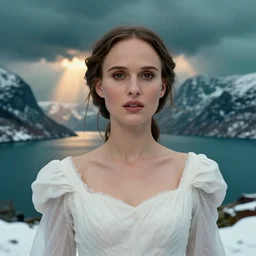 wizard, norway fjord, natalie portman, hudson river school, max rive, stormy seas, white royal dress, f 1 6, bokeh, gentle, female, snowy, storm clouds, god rays, close up portrait, d & d, fantasy, elegant, teal orange color palette, concept art, roger deakins and greg rutkowski and alphonse mucha
