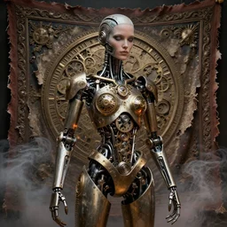 a beautiful mechanized feminine android, westworld, photorealistic, intricate detail, elaborate machinery, clockwork, torn tapestry, swirling smoke, ember particles, regal design, royal relief