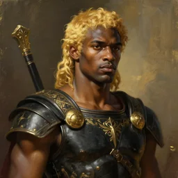 painted portrait of ruggedly handsome black gladiator by gaston bussiere greg rutkowski, greek god [ blonde hair ] focused on face, muscular physique masculine manly young, black clothes fantasy intricate elegant detailed digital painting concept art artstation sharp focus illustration gold paint