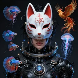 full shot of a beautiful woman covered by black oil, intricate lights. cyberpunk, symmetrical facial features. biomechanics. beautiful intricately detailed japanese crow kitsune mask and space suit. betta fish, jellyfish, squid, phoenix, bio luminescent, plasma, by ruan jia and artgerm and range murata and wlop and ross tran and william - adolphe bouguereau and beeple. key art. fantasy illustration. award winning, artstation, intricate details, realistic, hyperdetailed, 8 k resolution.
