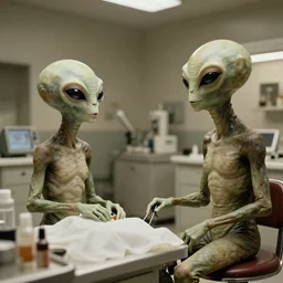 1920s picture of 2 aliens in a clinic, ultra-hd.