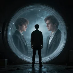 guy standing in spinning portal where he can see himself in the future, artstation, realistic, moody