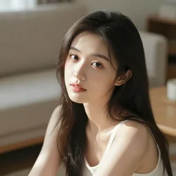 a girl in the simple living room, overhead view