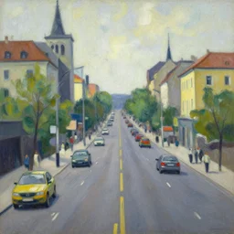 an edward hopper style painting of a busy road of ( ( ( ( ( ( ( ( gyor ) ) ) ) ) ) ) ) in hungary on monday, may of 1 9 4 8