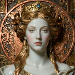 face centered portrait, artwork by james jean, hyperdetailed realistic smooth polished porcelain, beautiful norse queen, jean delville, art nouveau, gustav klimt, ornate copper patina gothic icon, james jean, ultrasharp hyperdetailed photorealistic octane render