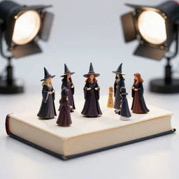 photo still of miniature witch coven on a book, 8 k, studio lighting bright ambient lighting key light, 8 5 mm f 1. 8