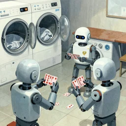 a group of robots playing cards in a laundry, by satoshi kon, surrealistic, illustration