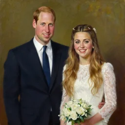 detailed painting of prince william marrying american popstar miley cyrus, happy couple, official portrait, national portrait gallery, oil on canvas, painting