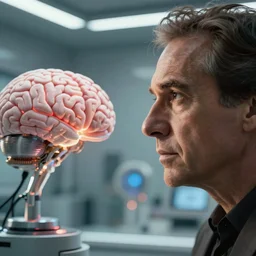 VFX movie closeup portrait of a man observing a futuristic ai brain in a clean room, by Emmanuel Lubezki
