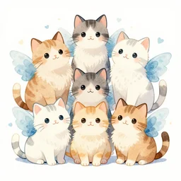 watercolor illustration style, group of cute cats with blue wings