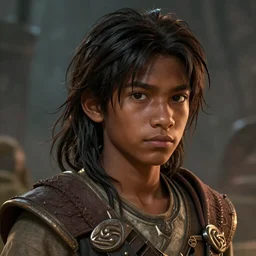 An epic fantasy comic book style portrait painting of a young dark skinned long haired boy peasant with intelligent eyes, unreal 5, DAZ, hyperrealistic, octane render, cosplay, RPG portrait, dynamic lighting