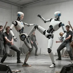 ai robot getting kick the shit out by humans artists with weapons, by simon stalenhag and rj palmer