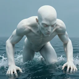 a single highly detailed 4 k matte painting. humanoid giant. cthulu head and torso. climbing out of the sea. pale, white, smooth, skin