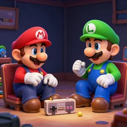 Mario and luigi sitting in a dark room, they are playing a SNES