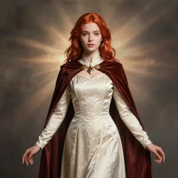 full body photograph of a young felicia day as a cleric from dungeons and dragons, fantasy art, red hair, symmetrical hyper detailed face and body, elegant, graceful, fashionable, cinematic, hyperdetailed illustration by irakli nadar and alexandre ferra, depth of field, global illumination