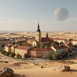 photo of a Polish city on a desert planet, extreme details, soft lighting, realistic octane render, 8k