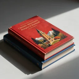 A red book on top of a blue book
