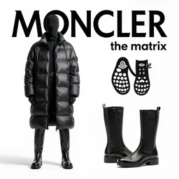 product design poster, fashion design poster, avantgarde moncler the matrix clothing and foot wear, white background, hyperrealistic and heavy detailed, leica sl 2 5 mm, vivid color, high quality, high textured, real life, full body in shot,