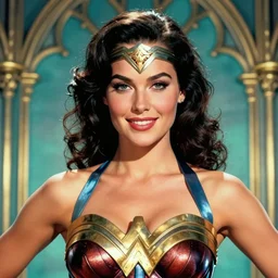 digital art, close-up shot, kodachromatic studio portrait of Wonder Woman in her 20s, double split halter open thigh dress, smiling, looking at viewer,symmetry,face symmetry, in the style of 1950s pinups, illustration by Warren Louw, volumetric aqua and golden lighting gothic background,photorealistic, realistic, ultra detailed, unreal engine, octane render, 8k resolution
