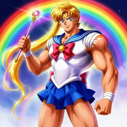 crossdressing magical man in anime style, colorful dress, holding wand, fantasy, smile, illustration, body hair, muscular, full body, face, head, workout, male, body builder, digital painting, best on artstation, best on cgsociety, epic, stunning, rainbows, sailor moon, hdr, highly detailed