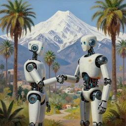 natural american landscape | robot greeting another robot | palm trees | snowy mountains, painting by syd mead and weta studio and james jean, frank frazetta, highly detailed, rule of third, soft lighting, 8 k resolution, oil on canvas, architectural magazine, beautiful detailed, insanely intricate details, artstation trending, hypermaximalistic, high details, cinematic