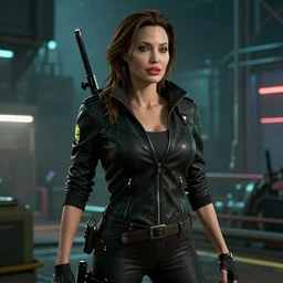 film still of Angelina Jolie as Johnny Silverhand in Cyberpunk 2077, gameplay, 8k, HD