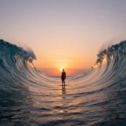 a man walking in the middle of two giant wave walls at sunset, dreamy, matte painting, fancy lighting, complementary colours, high quality, highly detailed, godrays, calm, relaxing, beautiful landscape, serene landscape