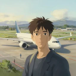 people near the plane at the airfield, the view from the drone, portrait, close view, painting by craig mullins, octane rendering, soft morning lighting, wide angle lens, in the style of hayao miyazaki, trending on artstation,