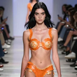 olivia wearing an outfit made of orange peels, runway model at new york fashion week, sporty physique, black hair, freckles, pale skin, half body shot, photo by greg rutkowski, stage lighting, soft colors, female beauty, intricate detail, elegance, 3 5 mm, depth of field, masterpiece