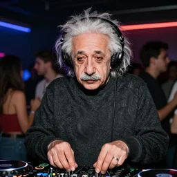 color photograph of focused looking Albert Einstein DJ wearing DJ headphones at a nightclub, in color, color photograph, colors
