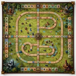 a ultra detailed award - winning game board with a long winding path, board with several spaces to move, realistic painting, intrincated, very detailed, fantasy, dnd, character design, trending on artstation, top view