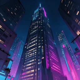 looking up at a neon lit skyscraper in a brutalist neon lit blade runner city in the style of Rob Lefield and Ralph McQuarrie, trending on artstation, digital art, first person perspective, viewed from below