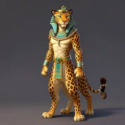fullbody beautiful detailed character design of a leopard wearing egyptian necklace. deviantart leopard adoptable, character concept artwork professional, portrait studio lighting by jessica rossier and brian froud in the style of disney, zootopia, the lion king, artstation deviantart