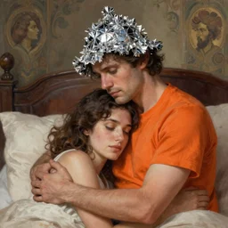 portrait of tinfoil hat man in orange t - shirt hugging from behind his wife in a bed, feelings, romantic, fantasy, intricate, elegant, highly detailed, digital painting, artstation, concept art, smooth, sharp focus, illustration, art by artgerm and greg rutkowski and alphonse mucha