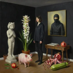realistic painting of a tidy female artist's apartment, black dripping walls, tall emo catgirl, stone sculpture, a pig, a ninja inside a painting on black walls, pomegranate, bromeliads, octopus, a courgette, 1 6 mm, berries, zen, sensual, surrealist painting by magritte and rousseau and monet