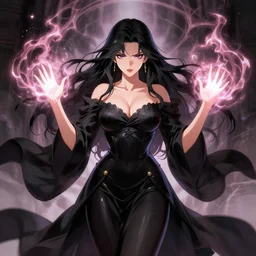 a voluptious sorceress with cleavage, too small waist and very wide hips, wearing black clothes and casting a powerful spell, painted by Sakimichan and LeraPI, SFW, 4k HD masterpiece, symmetrical, trending on ArtStation