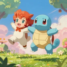 squirtle and misty jumping in the air, beautiful, vibrant concept art, digital painting, trending on artstation