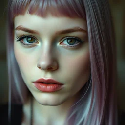 a close up photograph of a young woman, 9 0 s goth, dyed hair, dof, sharp focus, highly detailed face, symmetric face, realistic iris, cinestill 8 0 0 t, photography by paolo roversi