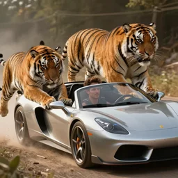 man driving a sports car being pulled by tigers